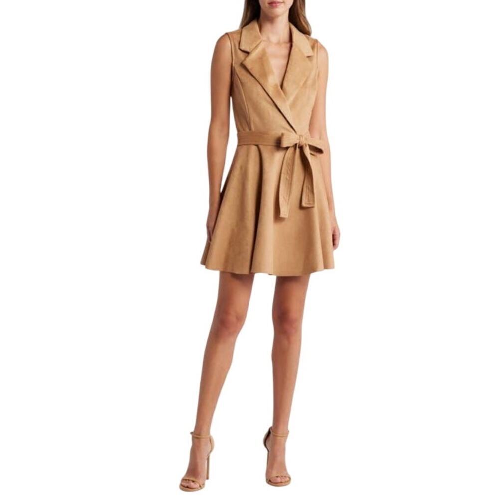 NEW Halogen belted tan faux suede tuxedo mini dress size XS